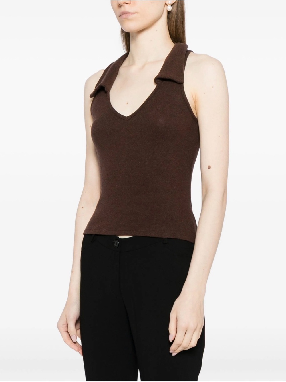 Reformation Dark Brown Sleeveless V-Neck Collared Knit Top - Picture 3 of 8